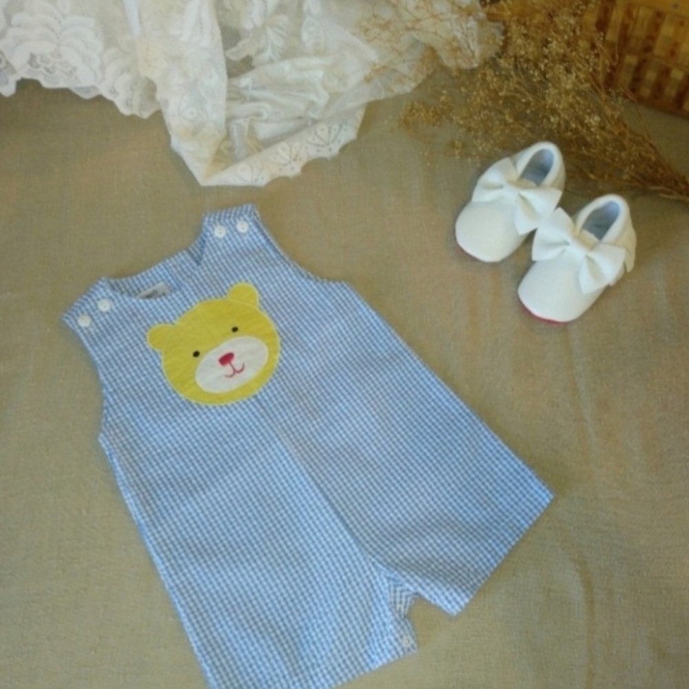 Blue Gingham Bear Romper